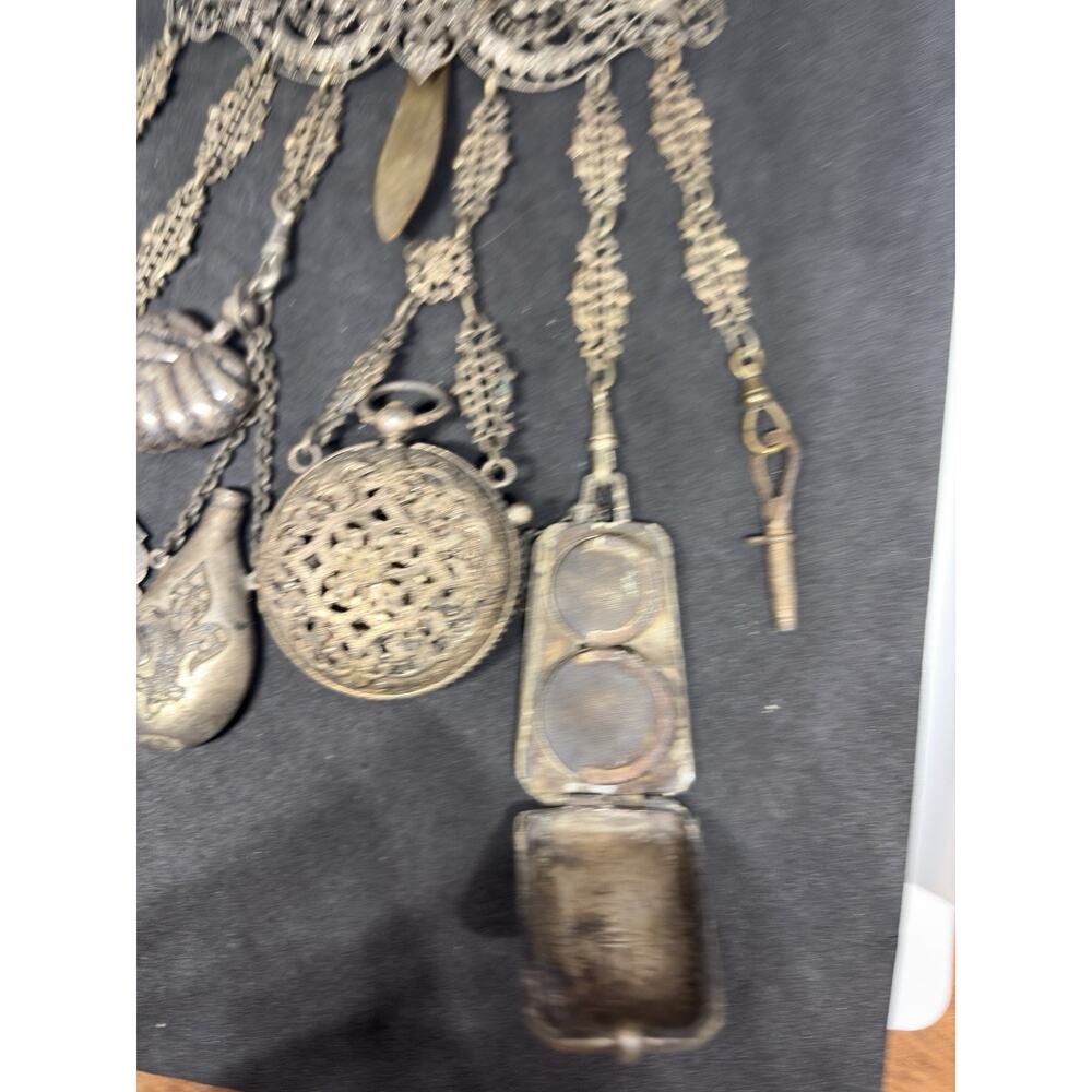 Rare Victorian Chatelaine 19C 7 Piece Scent Bottle Watch Powder Compact Notebook - Picture 6 of 13